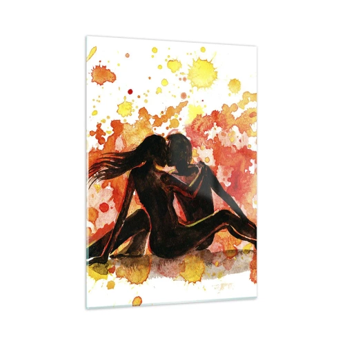 Obraz na szkle - Silhouette pary na tle kolorowych akwarelowych plam - 50x70cm - I stała się światłość - Nowoczesna dekoracja ścienna do salonu, kuchni i sypialni ARTTOR
