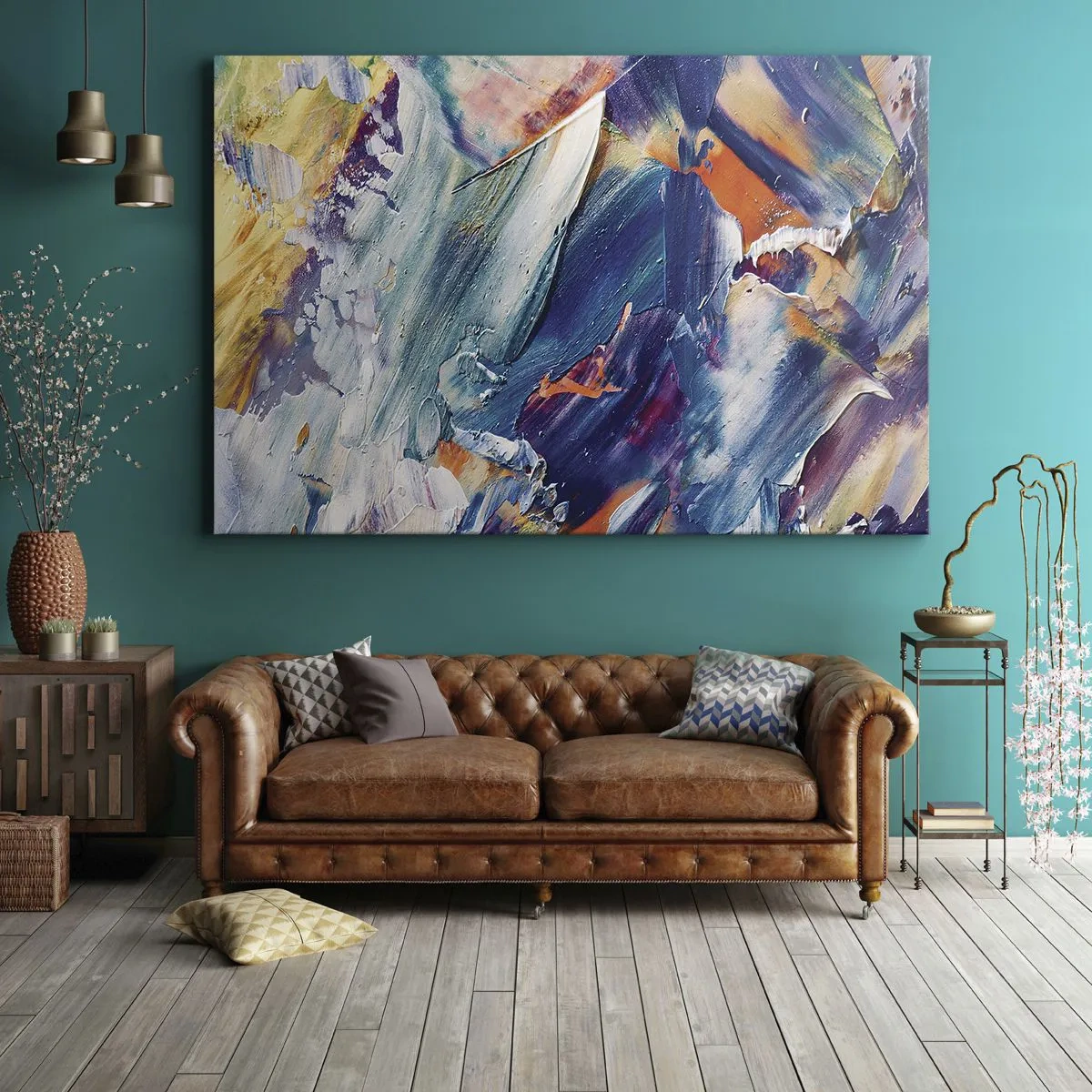 Obraz na płótnie - Kolorowa abstrakcja z fakturą farby akrylowej - 70x50cm - Zamęt koloru - Nowoczesna dekoracja ścienna do salonu i sypialni ARTTOR