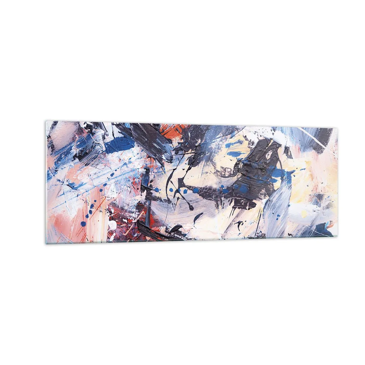 Obraz na szkle - Abstrakcja z dynamicznymi pociągnięciami pędzla w kolorach błękitu i czerwieni - 140x50cm - Szalony taniec abstrakcji - Nowoczesna dekoracja ścienna do salonu i sypialni ARTTOR