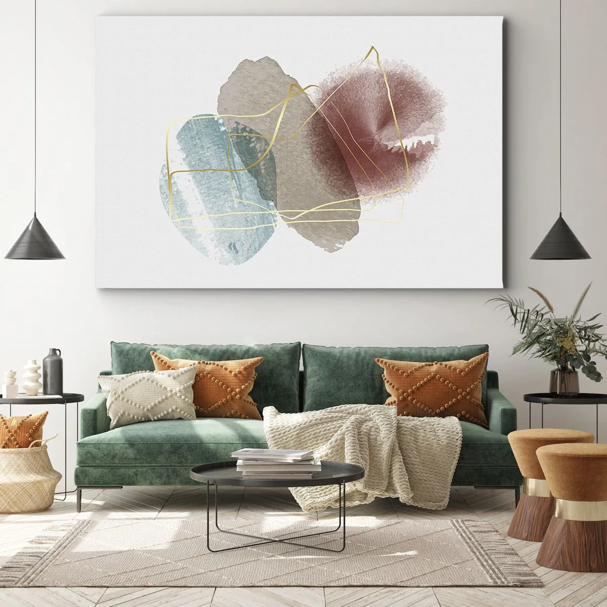 Obraz na płótnie - Abstrakcyjne formy z delikatnymi kolorami i złotymi liniami - 70x50cm - Korale przestrzeni - Nowoczesna dekoracja ścienna do salonu i sypialni ARTTOR