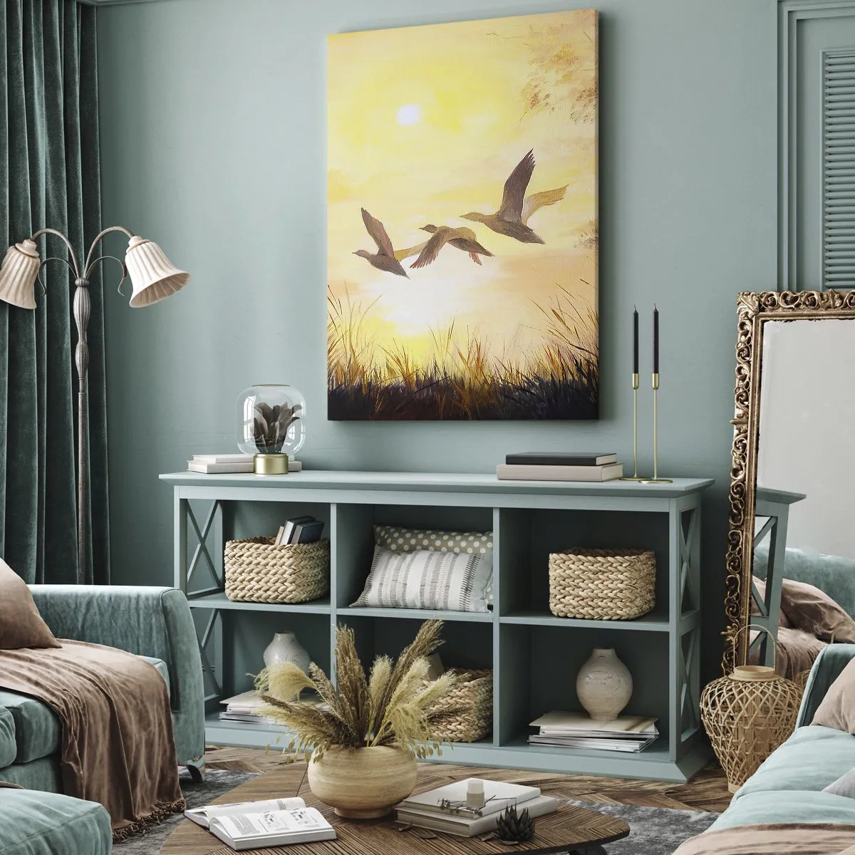 Obraz na płótnie - Lecące kaczki o wschodzie słońca nad jeziorem - 80x120cm - Początek dalekiej podróży - Nowoczesna dekoracja ścienna do salonu i sypialni ARTTOR