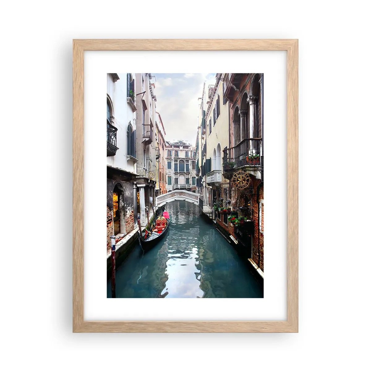 Plakat w ramie jasny dąb - Pejzaż wenecki z gondolą i mostkiem - 30x40 cm