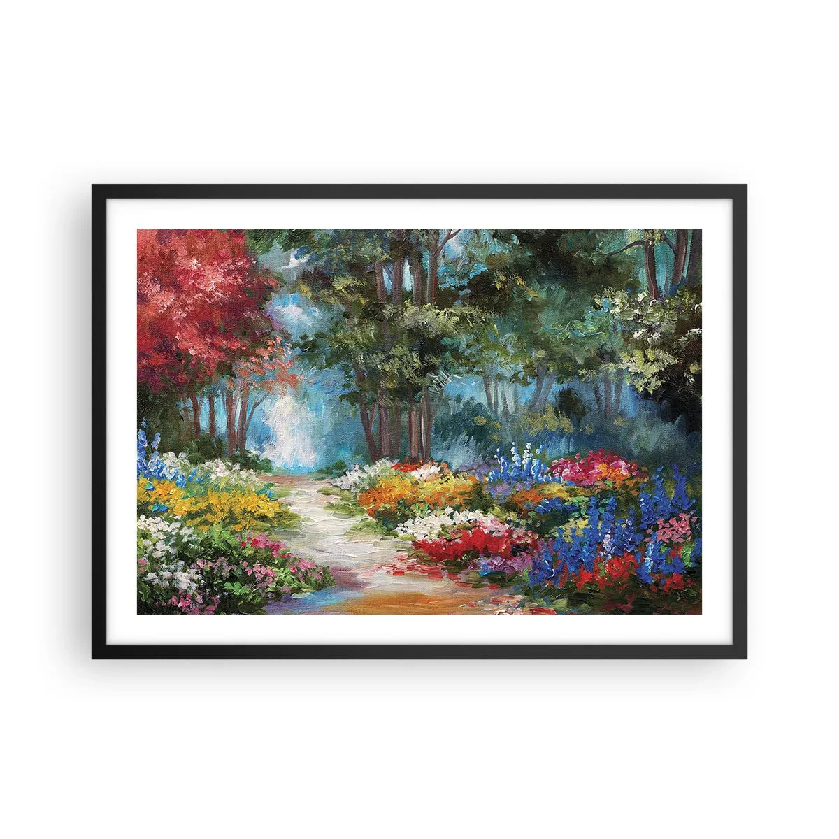 Plakat w czarnej ramie - Malowniczy ogród pełen kolorowych kwiatów i drzew w leśnej scenerii - 70x50cm - Leśny ogród, kwietny las - Nowoczesna dekoracja ścienna do salonu i sypialni ARTTOR