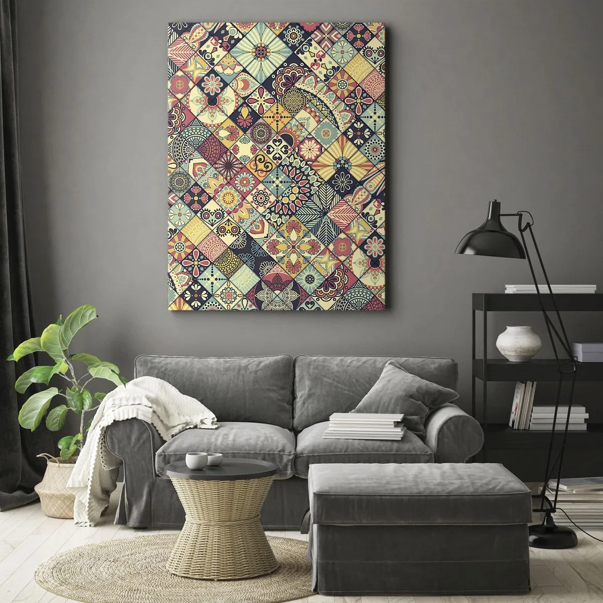 Obraz na płótnie - Kolorowy patchwork z orientalnymi wzorami w geometrycznym układzie - 50x70cm - Marokańskie klimaty - Nowoczesna dekoracja ścienna do salonu, kuchni i sypialni ARTTOR