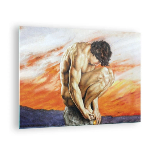 Obraz na szkle - Nagie ludzkie ciało na tle intensywnego pomarańczowego nieba - 70x50cm - Zatopiony w sobie - Nowoczesna dekoracja ścienna do salonu i sypialni ARTTOR