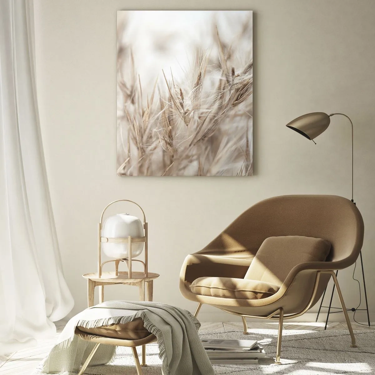 Obraz na szkle - Delikatne źdźbła traw na tle jasnego, rozmytego krajobrazu - 70x100cm - Łąka i wiatr - Nowoczesna dekoracja ścienna do salonu i sypialni ARTTOR