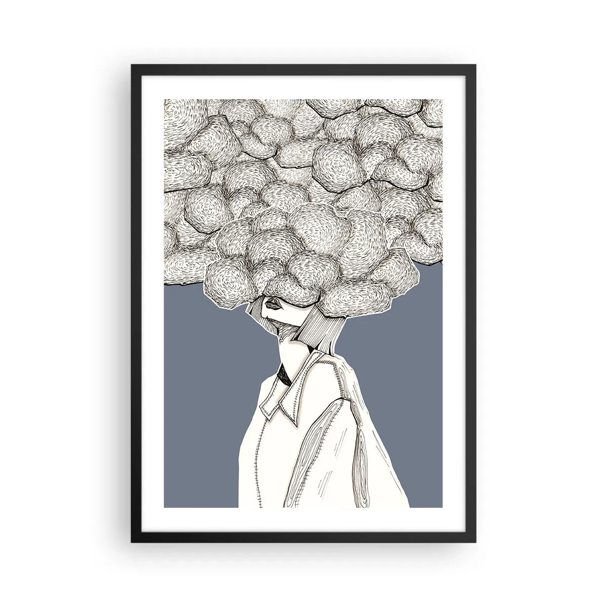 Plakat w czarnej ramie - Postać z chmurą zamiast głowy, stylizowana w odcieniach szarości - 50x70cm - Z głową w chmurach - Nowoczesna dekoracja ścienna do salonu i sypialni ARTTOR