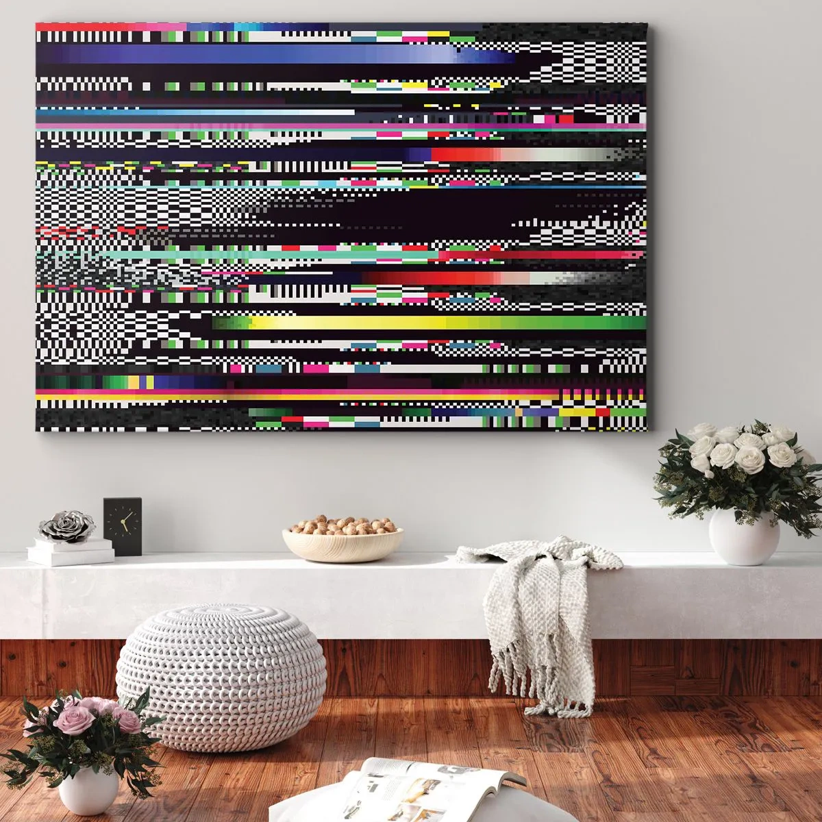 Obraz na płótnie - Kolorowe linie i piksele w abstrakcyjnym stylu - 70x50cm - Obraz konrolny rzeczywistości - Nowoczesna dekoracja ścienna do salonu i sypialni ARTTOR