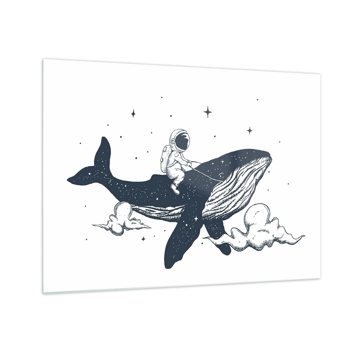 Obraz na szkle - Astronauta jadący na wielorybie wśród gwiazd i chmur - 70x50cm - Kosmiczna przygoda - Nowoczesna dekoracja ścienna do salonu i sypialni ARTTOR