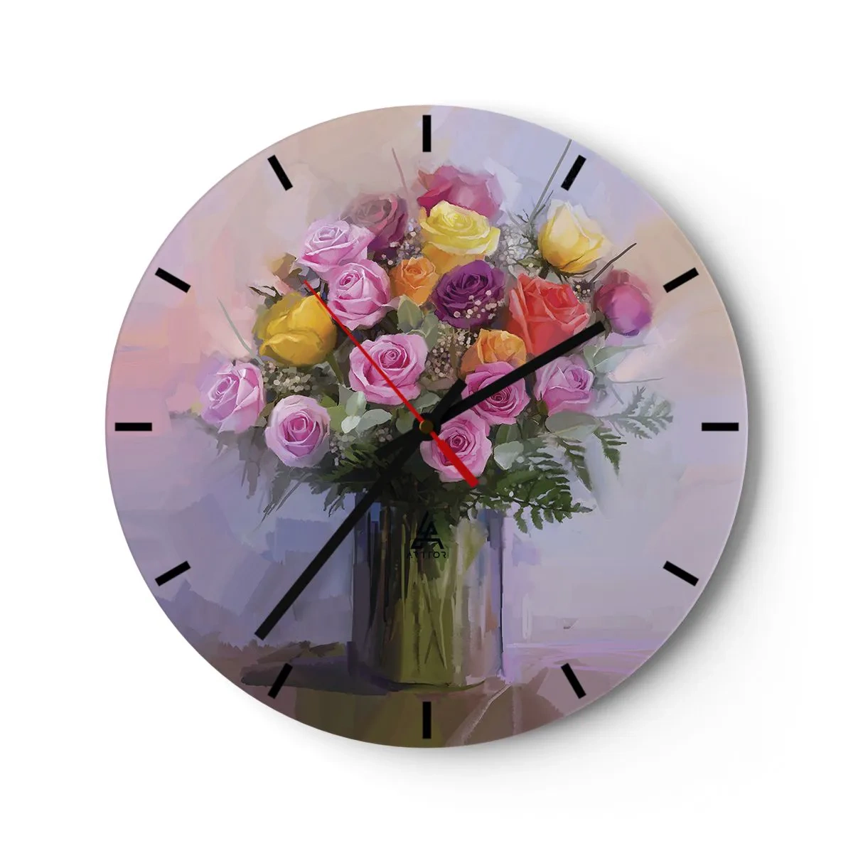 Zegar ścienny - Bukiet róż w kolorowym wazonie na pastelowym tle - 30x30cm - Zatrzymane piękno - Nowoczesna dekoracja ścienna do salonu, kuchni i sypialni ARTTOR