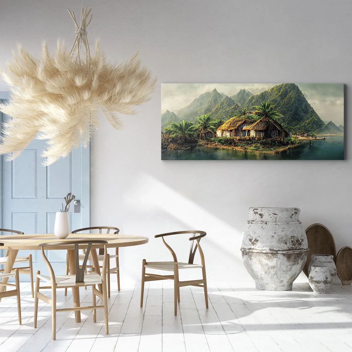Obraz na płótnie - Tropikalna wyspa z palmami i górami w tle - 120x50cm - Tropikalny raj - Nowoczesna dekoracja ścienna do salonu i sypialni ARTTOR