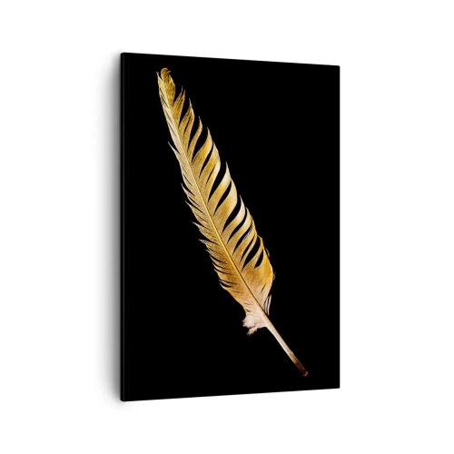 Obraz na płótnie - Złote pióro na czarnym tle - 50x70cm - Nie lada piórem opatrzony… - Nowoczesna dekoracja ścienna do salonu, kuchni i sypialni ARTTOR