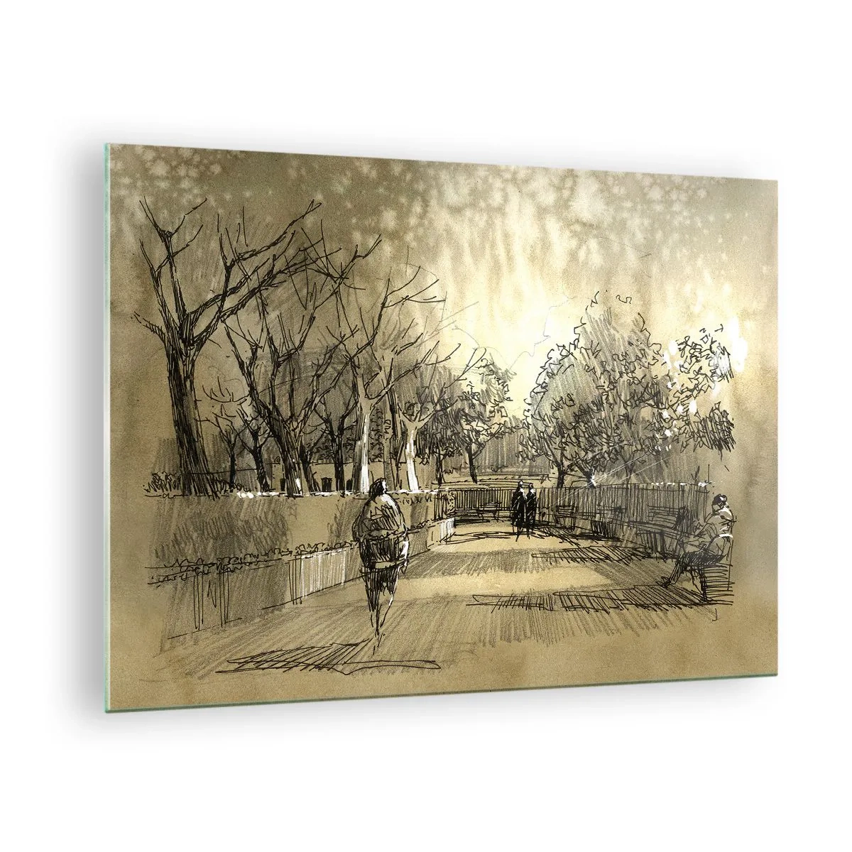 Obraz na szkle - Rysunek przedstawiający park z alejkami i spacerującymi ludźmi - 70x50cm - Piórkiem zatrzymana chwila - Nowoczesna dekoracja ścienna do salonu i sypialni ARTTOR