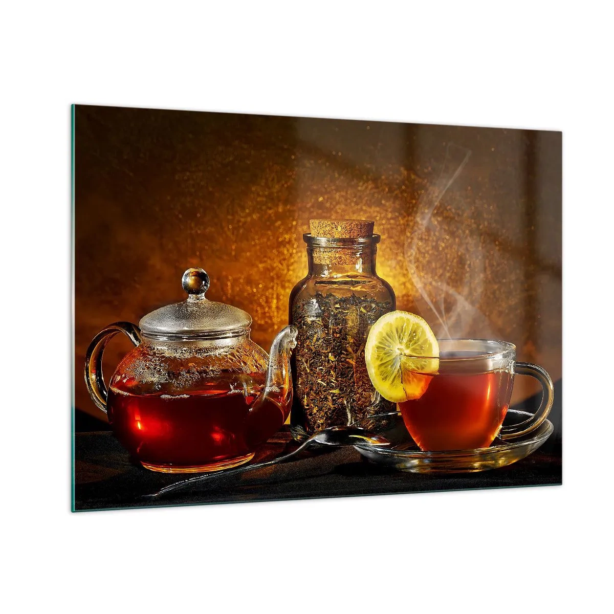 Obraz na szkle - Szklany imbryk i filiżanka herbaty z cytryną - 100x70cm - W stylu holenderskich mistrzów - Nowoczesna dekoracja ścienna do salonu, kuchni i sypialni ARTTOR