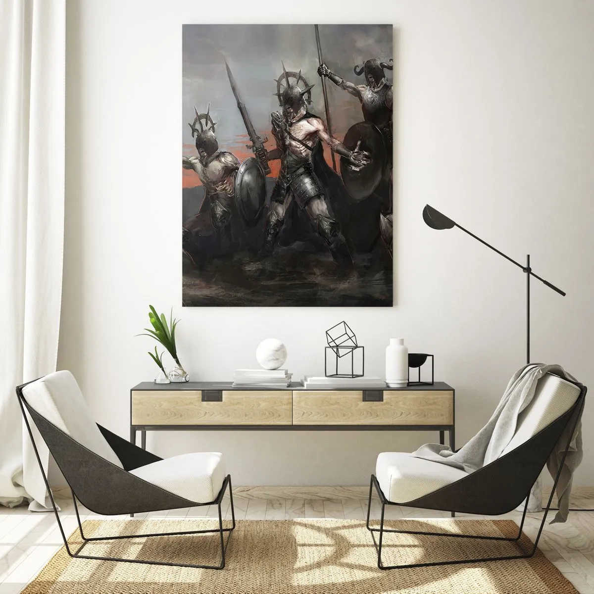 Obraz na szkle - Wojownicy z włóczniami i tarczami na tle czerwonego nieba - 50x70cm - Z tarczą lub na tarczy - Nowoczesna dekoracja ścienna do salonu, kuchni i sypialni ARTTOR