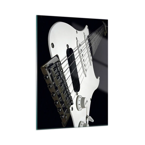 Obraz na szkle - Zbliżenie na białą gitarę elektryczną na ciemnym tle - 50x70cm - Ukryty w bieli dźwięk - Nowoczesna dekoracja ścienna do salonu, kuchni i sypialni ARTTOR