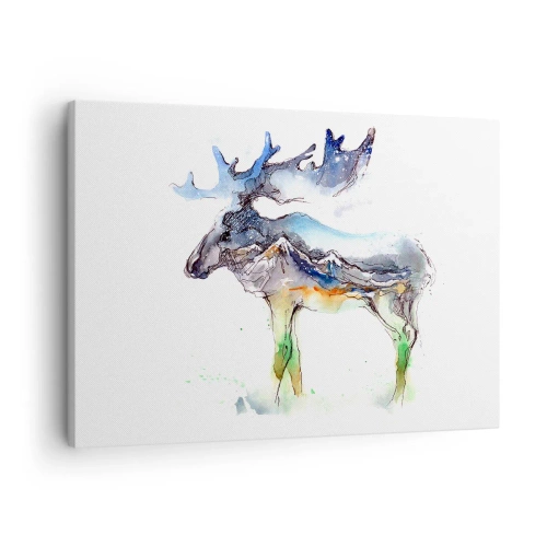 Obraz na płótnie - Akwarelowa sylwetka łosia z górskim pejzażem - 70x50cm - Bohater zimowej opowieści - Nowoczesna dekoracja ścienna do salonu i sypialni ARTTOR
