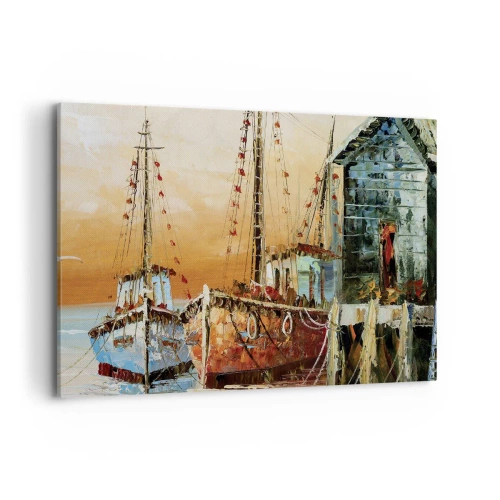 Obraz na płótnie - Łodzie przy brzegu w ciepłym świetle zachodu słońca - 120x80cm - Spokojny powrót - Nowoczesna dekoracja ścienna do salonu, kuchni i sypialni ARTTOR
