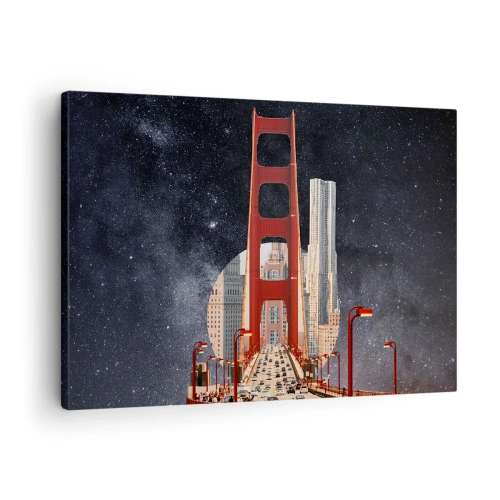 Obraz na płótnie - Most Golden Gate z miastem w tle na tle gwiaździstego nieba - 70x50cm - Zawsze w centrum - Nowoczesna dekoracja ścienna do salonu i sypialni ARTTOR