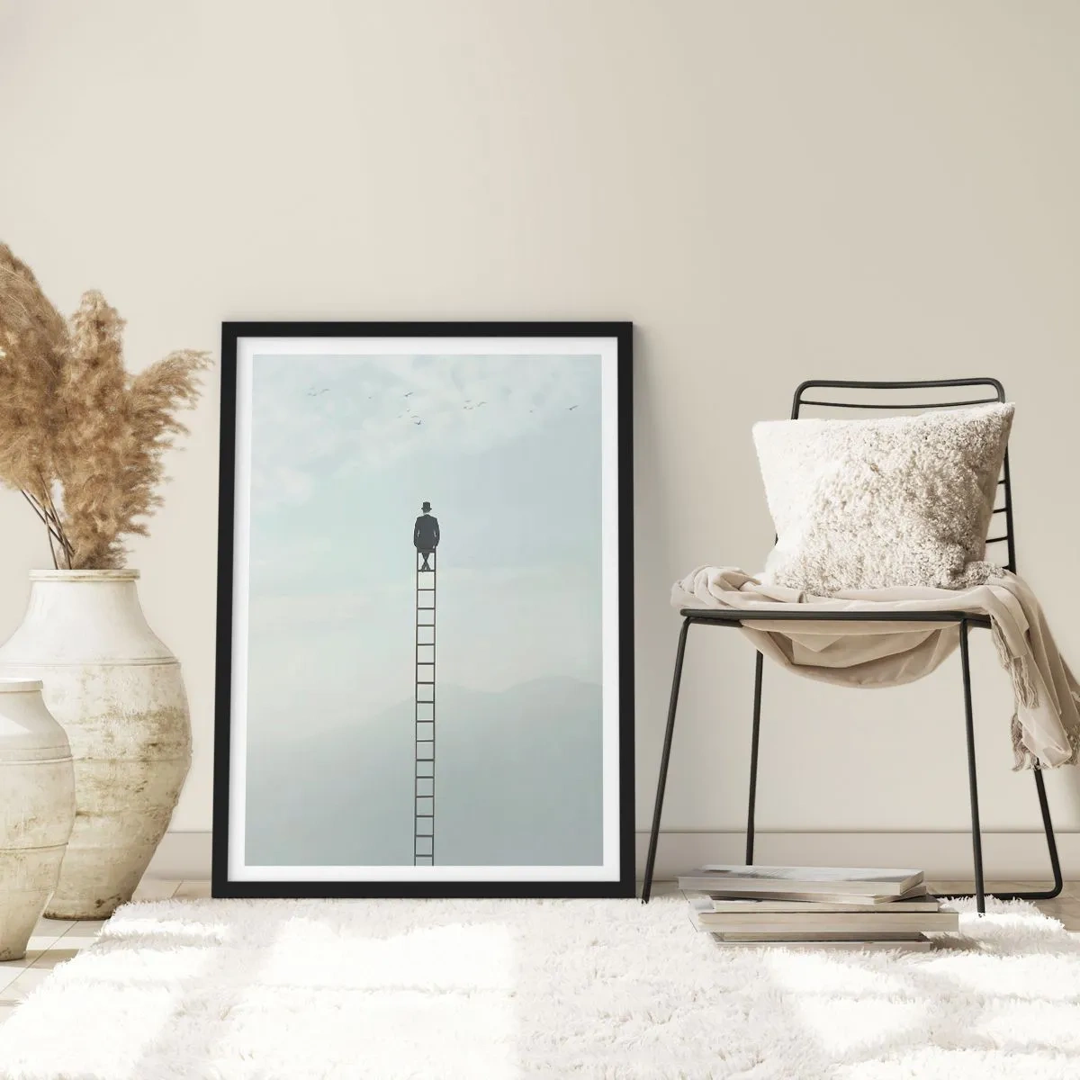 Plakat w czarnej ramie - Człowiek na drabinie patrzący na niebo - 50x70cm - Wznieś się ponadto - Nowoczesna dekoracja ścienna do salonu i sypialni ARTTOR