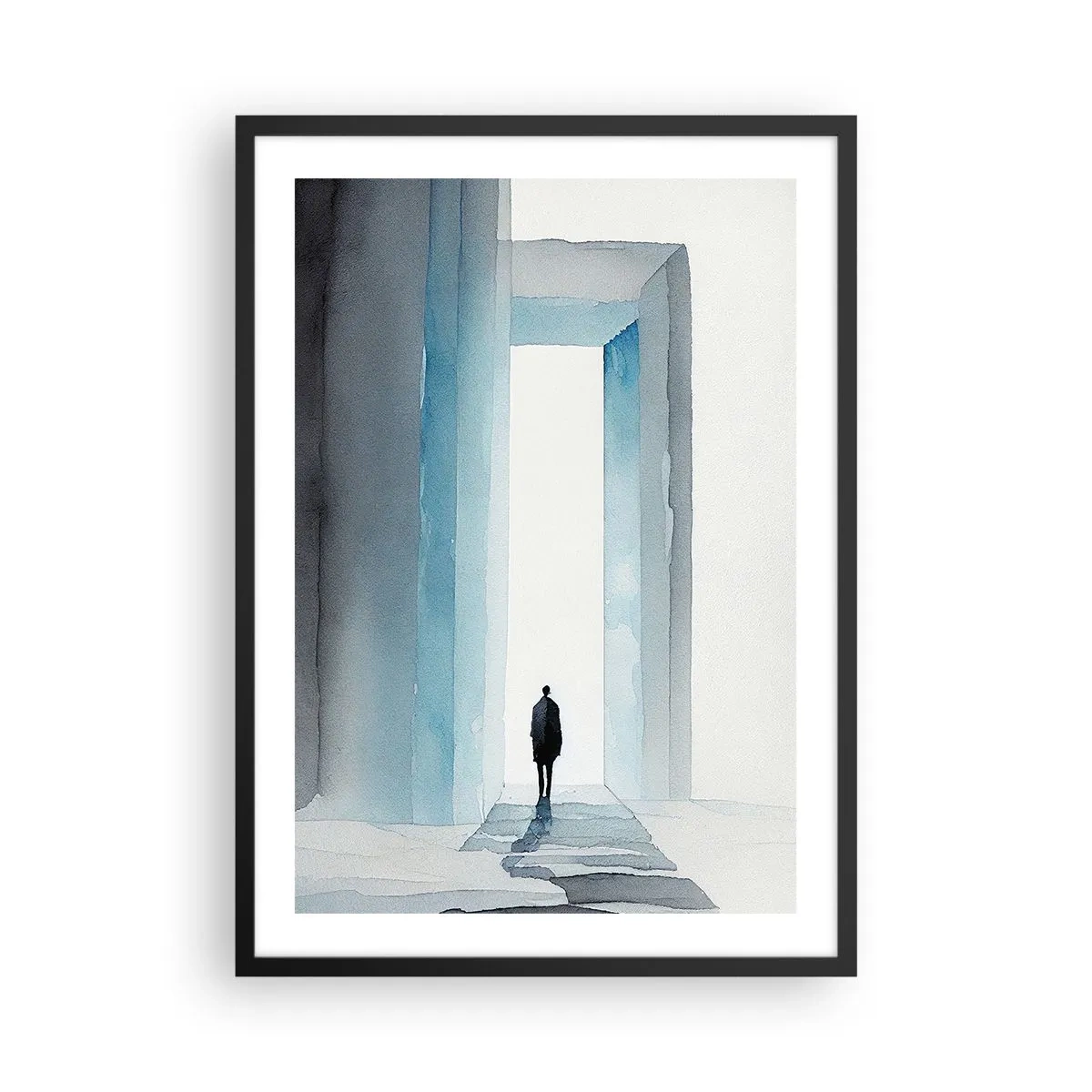 Plakat w czarnej ramie - Postać idąca przez niebieską bramę, symbolizująca wolność i bezgraniczne możliwości - 50x70cm - Żyj bez ograniczeń - Nowoczesna dekoracja ścienna do salonu i sypialni ARTTOR