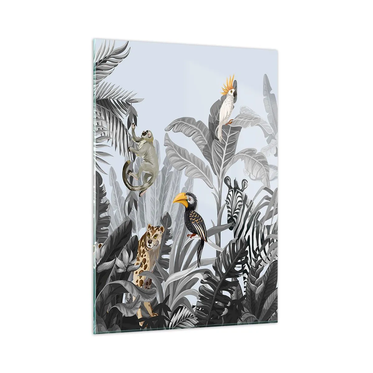 Obraz na szkle - Egzotyczne zwierzęta w czarno-białej dżungli na jasnym tle - 50x70cm - Afrykańska bajka - Nowoczesna dekoracja ścienna do salonu, kuchni i sypialni ARTTOR