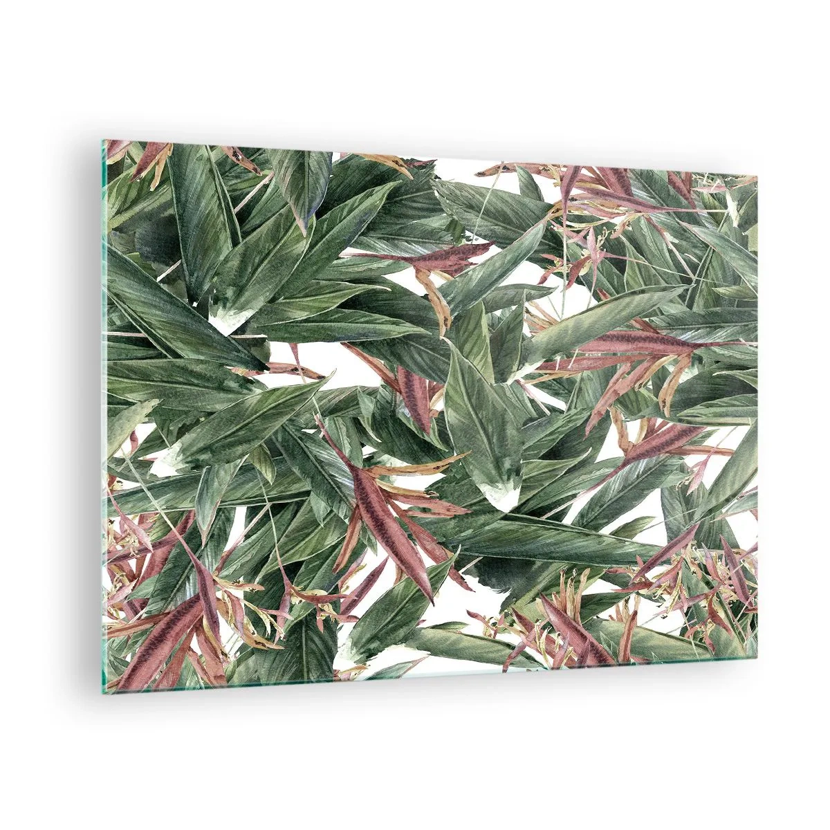 Obraz na szkle - Liście w zielonych i bordowych odcieniach na jasnym tle - 70x50cm - Szmaragdowo-liliowy gąszcz - Nowoczesna dekoracja ścienna do salonu i sypialni ARTTOR