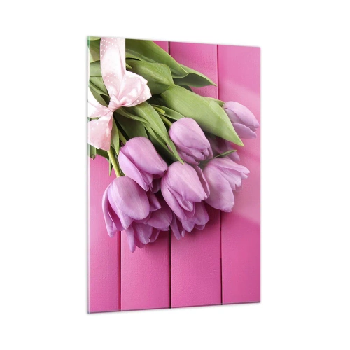 Obraz na szkle - Bukiet różowych tulipanów na drewnianym tle - 50x70cm - Właśnie dla ciebie - Nowoczesna dekoracja ścienna do salonu, kuchni i sypialni ARTTOR