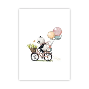 Plakat - Panda na rowerze z balonami i kwiatami w bajkowym stylu - 50x70cm - Szczęśliwy dzień - Nowoczesna dekoracja ścienna do salonu, kuchni i sypialni ARTTOR