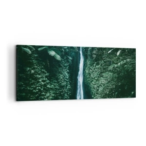 Obraz na płótnie - Wodospad otoczony gęstą tropikalną roślinnością - 120x50cm - Tropikalny zdrój - Nowoczesna dekoracja ścienna do salonu i sypialni ARTTOR