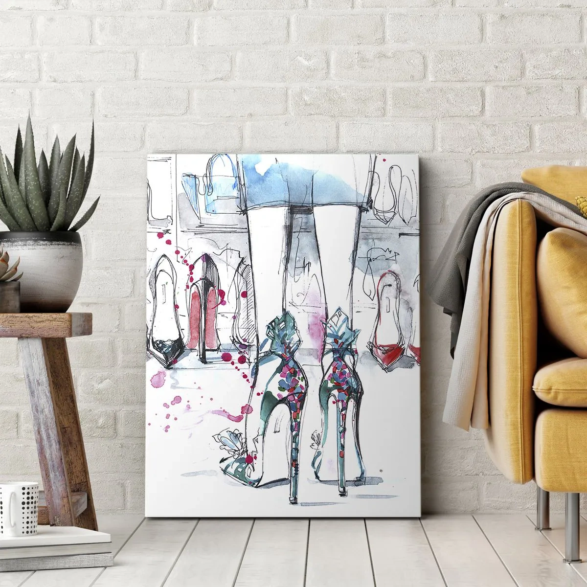 Obraz na płótnie - Artystyczna grafika z butami na wysokim obcasie i akcesoriami - 70x100cm - Sezamie, otwórz się - Nowoczesna dekoracja ścienna do salonu i sypialni ARTTOR