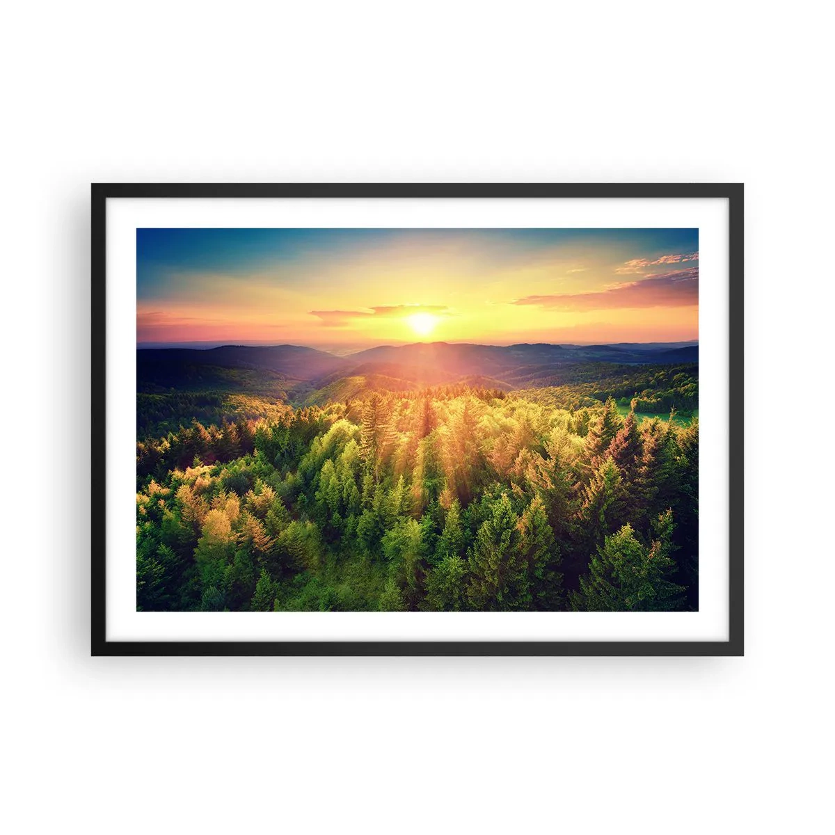 Plakat w czarnej ramie - Leśny krajobraz z zachodem słońca nad wzgórzami - 70x50cm - Wierzchołki i szczyty - Nowoczesna dekoracja ścienna do salonu i sypialni ARTTOR