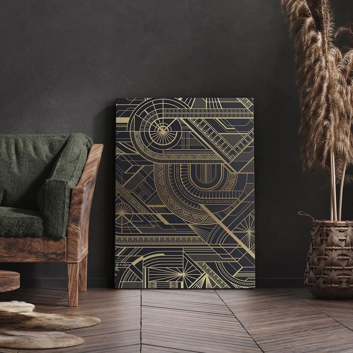 Obraz na płótnie - Geometryczna kompozycja w stylu art deco w odcieniach złota i czerni - 50x70cm - Koncepty, idee, plany - Nowoczesna dekoracja ścienna do salonu, kuchni i sypialni ARTTOR