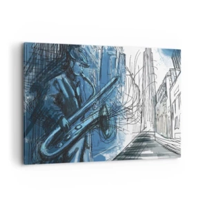 Obraz na płótnie - Postać grająca na saksofonie na tle miasta - 120x80cm - Miejska rapsodia - Nowoczesna dekoracja ścienna do salonu, kuchni i sypialni ARTTOR