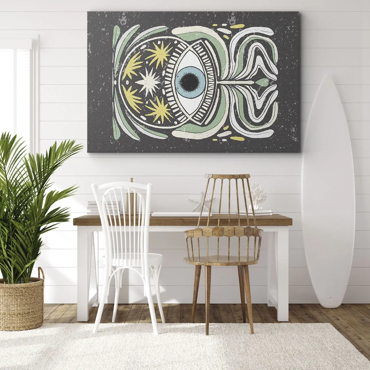 Obraz na płótnie - Symboliczne oko w otoczeniu abstrakcyjnych wzorów - 70x50cm - Plemienne rytuały - Nowoczesna dekoracja ścienna do salonu i sypialni ARTTOR