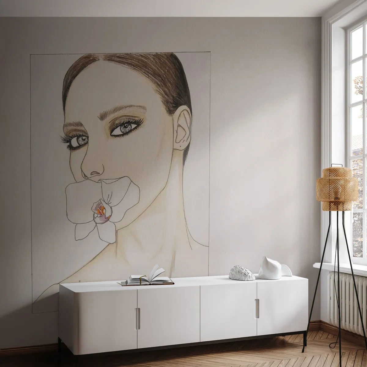 Fototapeta Premium Sand - Kobieta z orchideą w ustach na minimalistycznym szkicu - 100x70cm - Symbol elegancji i piękna - Nowoczesna dekoracja ścienna do salonu, kuchni i sypialni ARTTOR