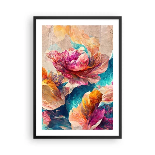 Plakat w czarnej ramie - Abstrakcyjne kwiaty w odcieniach różu i turkusu - 50x70cm - Barwny przepych bukietu - Nowoczesna dekoracja ścienna do salonu i sypialni ARTTOR