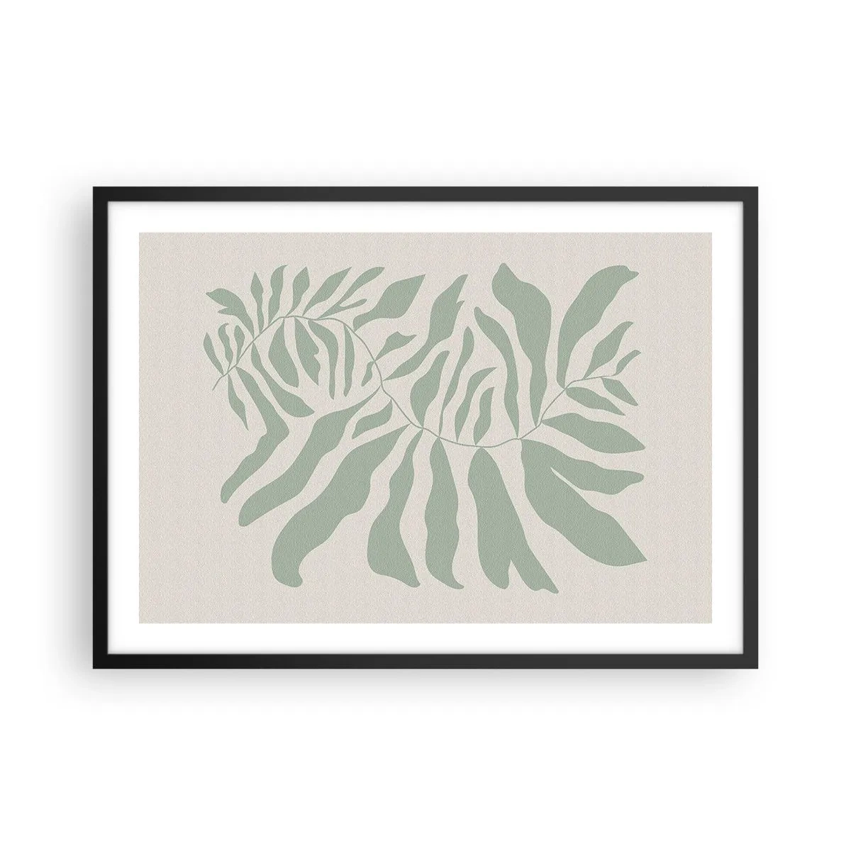 Plakat w czarnej ramie - Delikatny wzór gałązki z liśćmi w odcieniu szmaragdowej zieleni - 70x50cm - Szmaragdowa gałązka - Nowoczesna dekoracja ścienna do salonu i sypialni ARTTOR