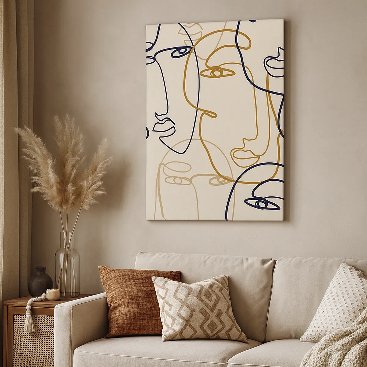 Obraz na płótnie - Minimalistyczne kontury twarzy w stylu line art na beżowym tle - 50x70cm - Portret zwielokrotniony - Nowoczesna dekoracja ścienna do salonu, kuchni i sypialni ARTTOR