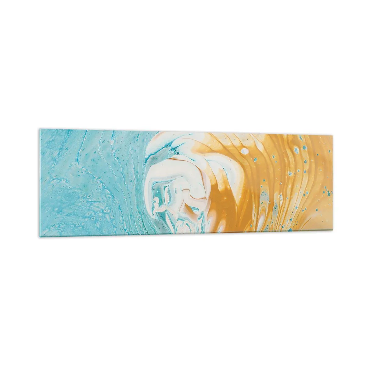 Obraz na szkle - Abstrakcyjne fale w odcieniach niebieskiego i złotego na płótnie - 160x50cm - Pastelowy wir - Nowoczesna dekoracja ścienna do salonu i sypialni ARTTOR
