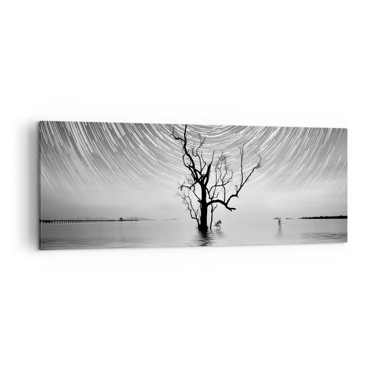 Obraz na płótnie - Drzewo w wodzie pod nocnym niebem z gwiazdami w ruchu - 140x50cm - Symfonia natury - Nowoczesna dekoracja ścienna do salonu i sypialni ARTTOR