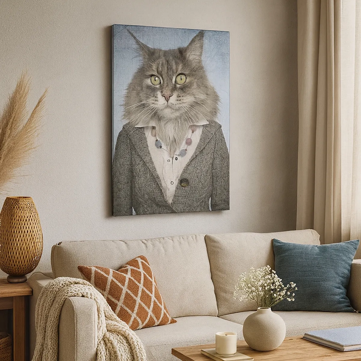 Obraz na płótnie - Postać w eleganckim stroju z głową kota na tle w stylu vintage - 50x70cm - Futra znów w modzie - Nowoczesna dekoracja ścienna do salonu, kuchni i sypialni ARTTOR