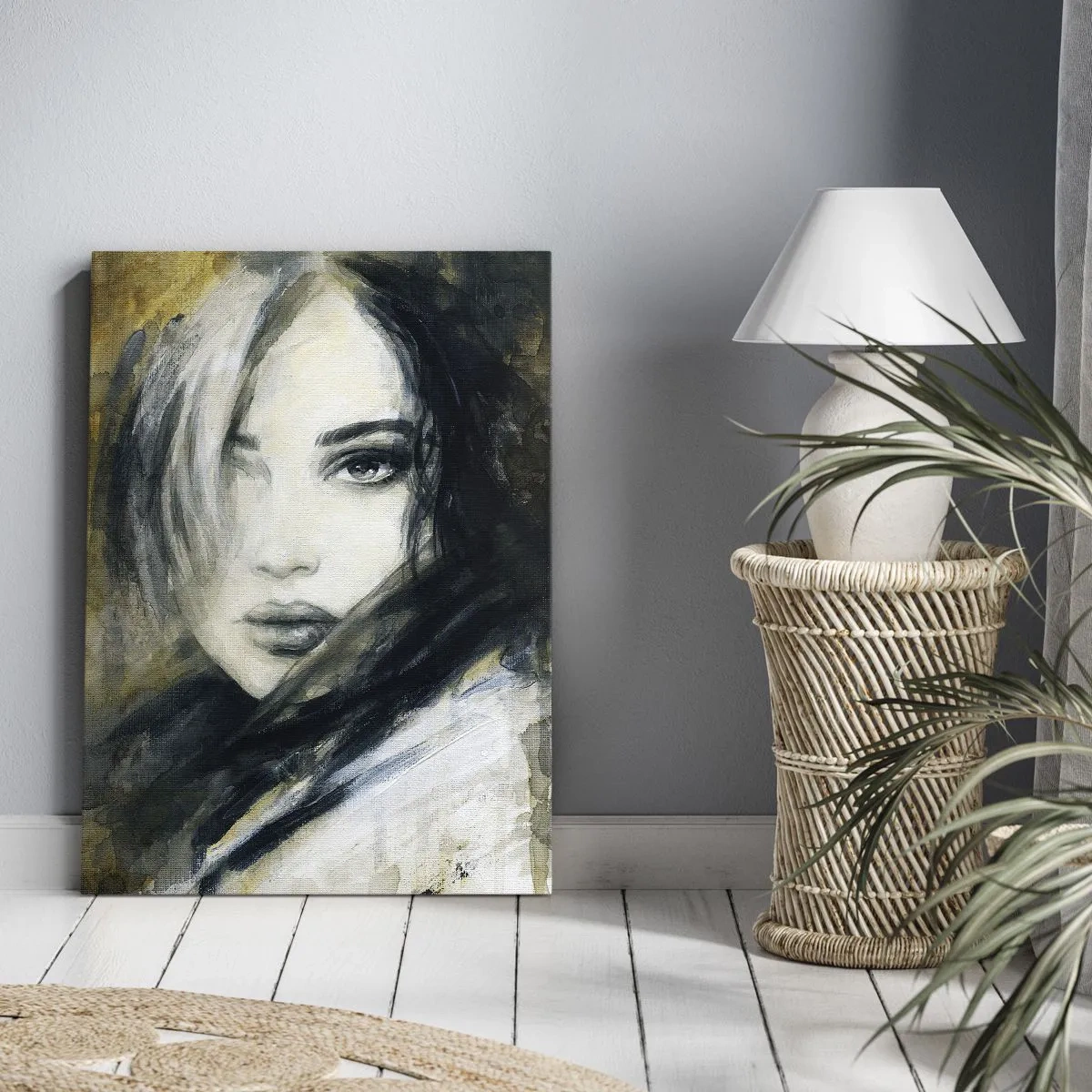 Obraz na płótnie - Malarska interpretacja kobiecej twarzy w odcieniach czerni, bieli i sepii - 50x70cm - bardziej niewinna czy zmysłowa? - Nowoczesna dekoracja ścienna do salonu, kuchni i sypialni ARTTOR