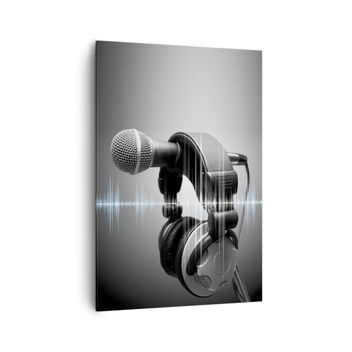 Obraz na płótnie - Mikrofon i słuchawki na tle wizualizacji fal dźwiękowych - 70x100cm - Jeszcze słychać śpiew - Nowoczesna dekoracja ścienna do salonu i sypialni ARTTOR