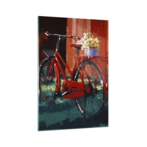 Obraz na szkle - Czerwony rower z kwiatami w tle pomarańczowej ściany - 70x100cm - I want to ride my bicycle - Nowoczesna dekoracja ścienna do salonu i sypialni ARTTOR