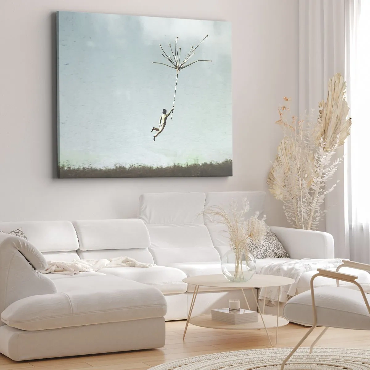 Obraz na płótnie - Postać unoszona przez duży nasion dmuchawca - 70x50cm - Latawce, dmuchawce, wiatr - Nowoczesna dekoracja ścienna do salonu i sypialni ARTTOR