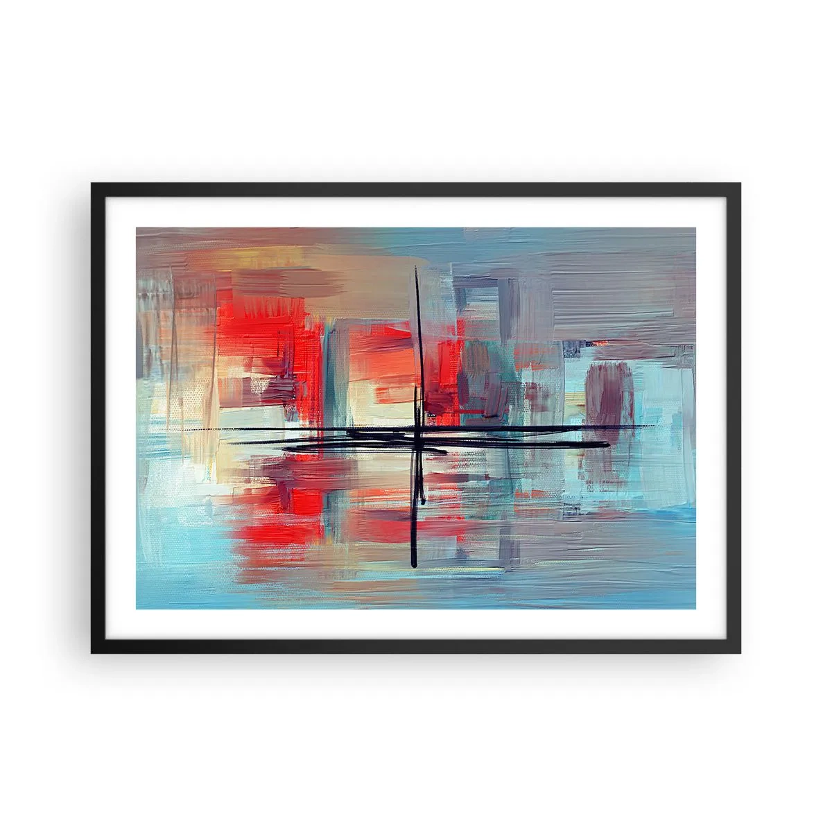 Plakat w czarnej ramie - Abstrakcyjna kompozycja z intensywnymi barwami, liniami i geometrycznymi kształtami - 70x50cm - Pejzaż w nieznanym wymiarze - Nowoczesna dekoracja ścienna do salonu i sypialni ARTTOR
