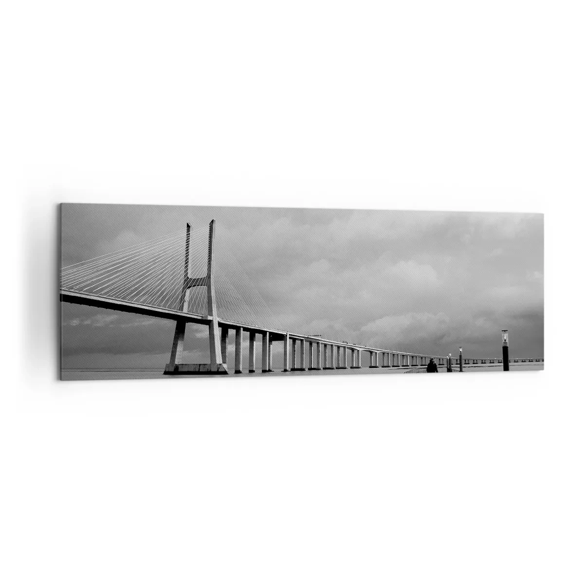 Obraz na płótnie - Most wiszący nad wodą w czarno-białej tonacji - 160x50cm - Każdemu co mu się należy - Nowoczesna dekoracja ścienna do salonu i sypialni ARTTOR