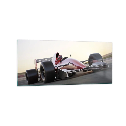 Obraz na szkle - Czerwony bolid Formuły 1 na torze wyścigowym w trakcie jazdy - 120x50cm - Zawsze zwycięzca - Nowoczesna dekoracja ścienna do salonu i sypialni ARTTOR
