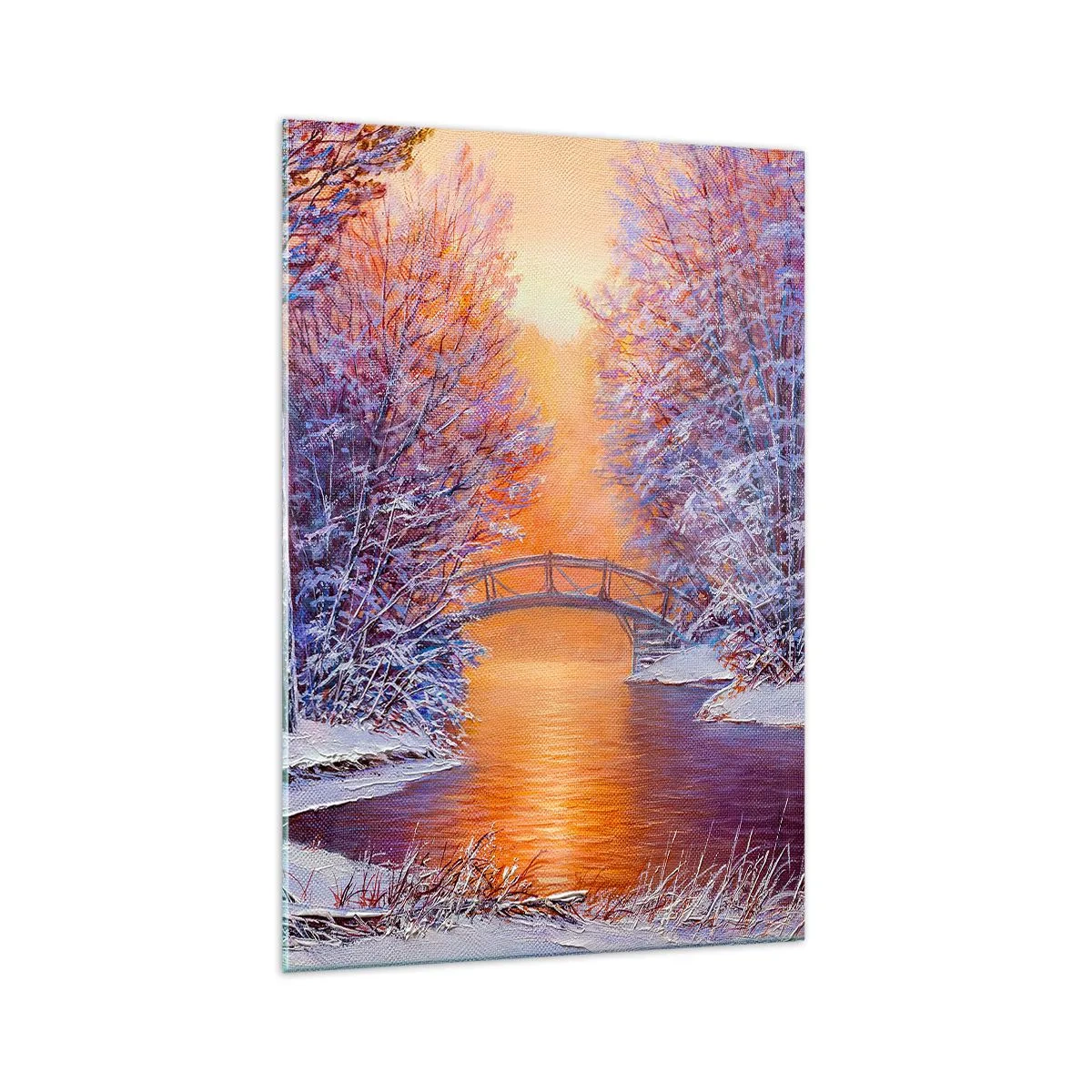 Obraz na szkle - Zimowy krajobraz z mostkiem i zachodem słońca - 70x100cm - Spotkajmy się tu - Nowoczesna dekoracja ścienna do salonu i sypialni ARTTOR